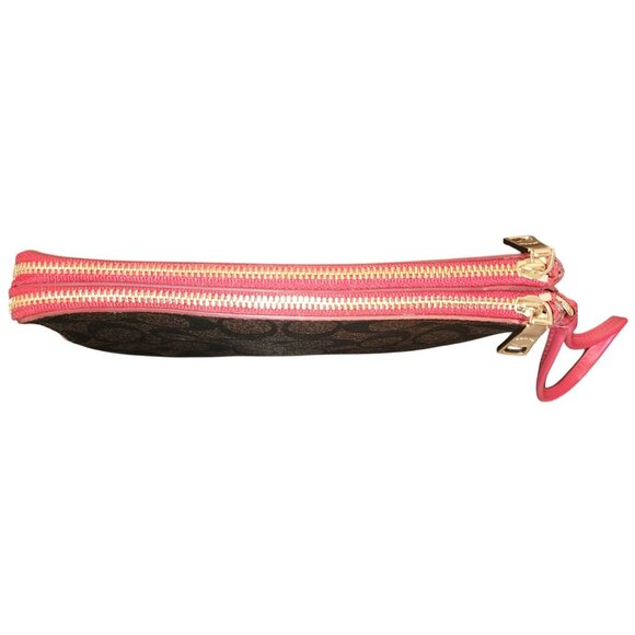 Coach Double Zip Brown & Red Signature Wristlet *SEE FLAWED last picture - Picture 6 of 8